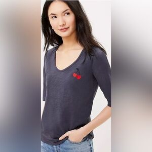 LOFT Cherry Embroidered Elbow Sleeve  V-Neck Tee